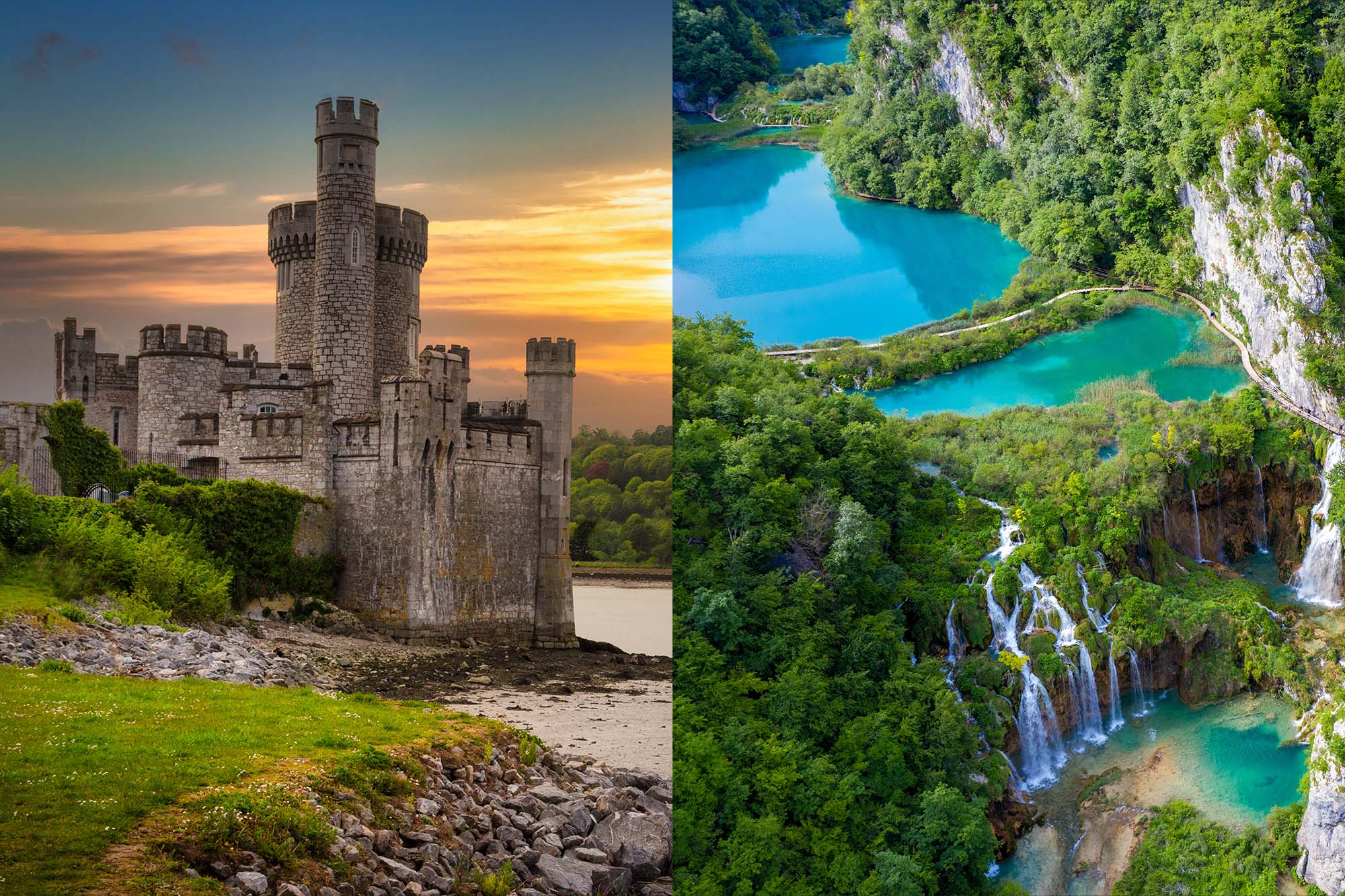 A side-by-side photo showing a stone castle at sunset and a lush canyon with cascading waterfalls and bright blue pools.