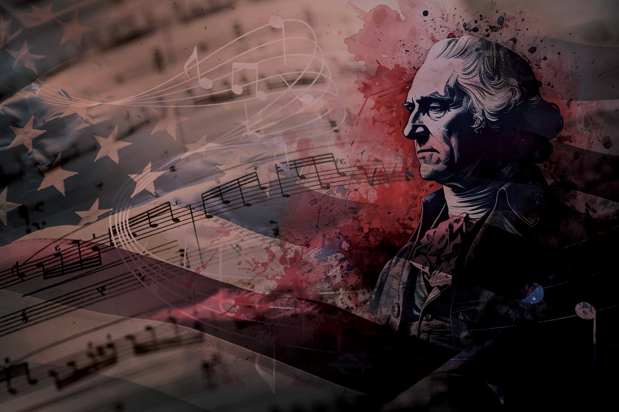 Graphic featuring a profile of Thomas Jefferson, an American flag, and sheet music for the Music of the Masters patriotic concert.
