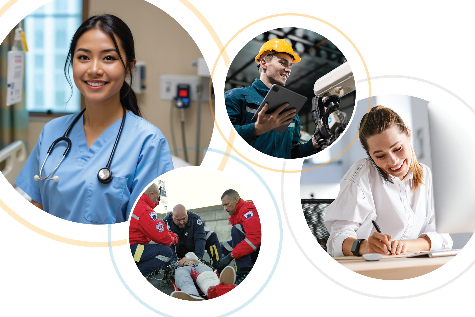 A collage of four circular images showing a smiling nurse, a construction worker with a tablet, emergency medical technicians tending to a patient, and a businesswoman working at a desk