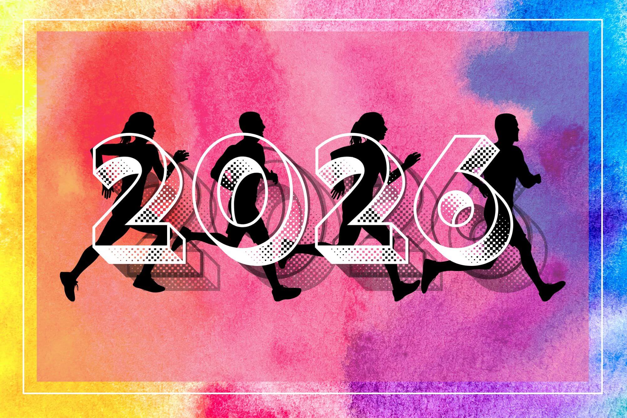 5k-color-run-image-0526 Silhouette of four runners against a vibrant pink, blue, and yellow watercolor background with the year 2026.