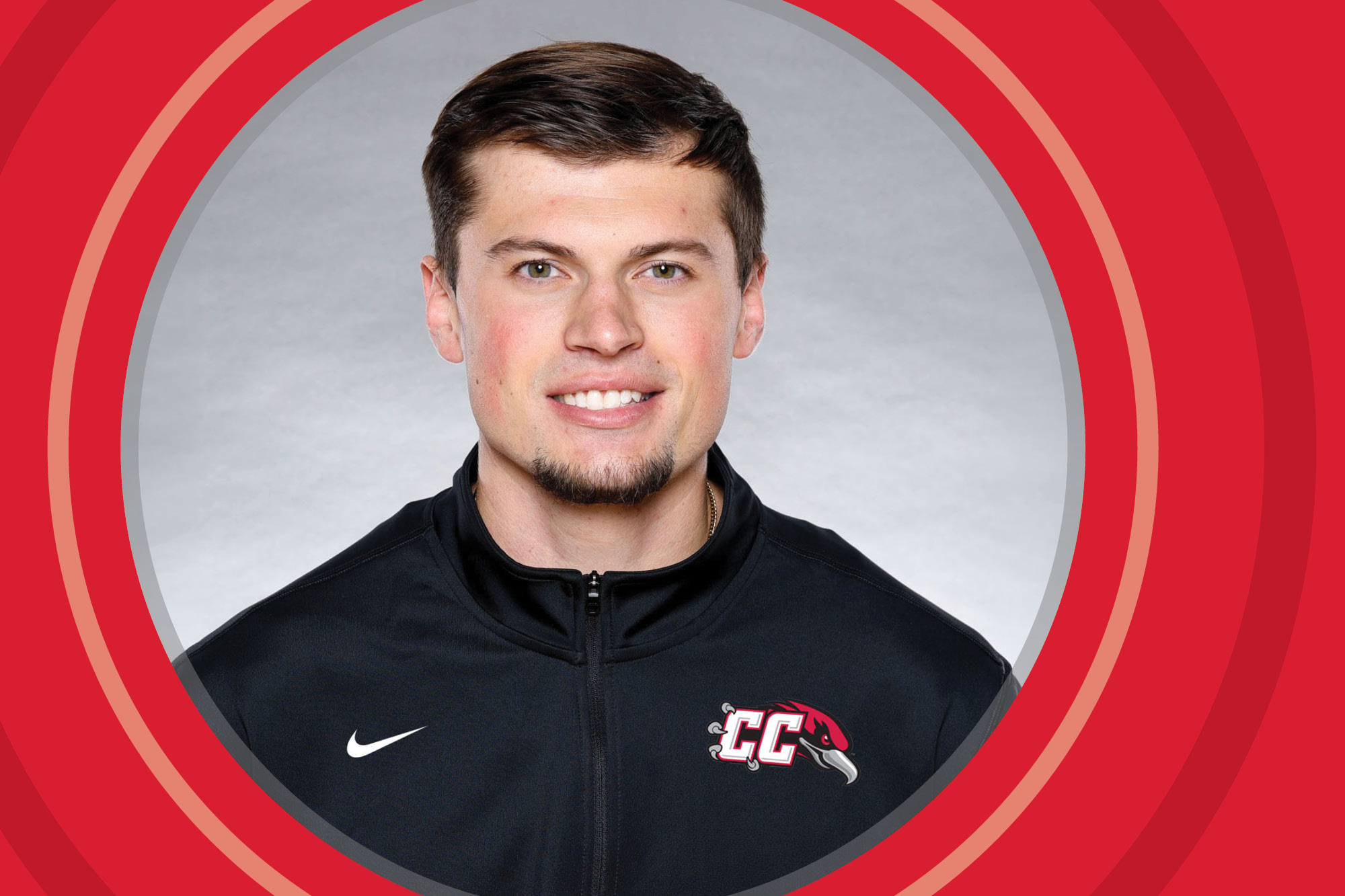 Nick Mirich smiling in a black Casper College Thunderbirds athletic pullover jacket against a red circular graphic background.