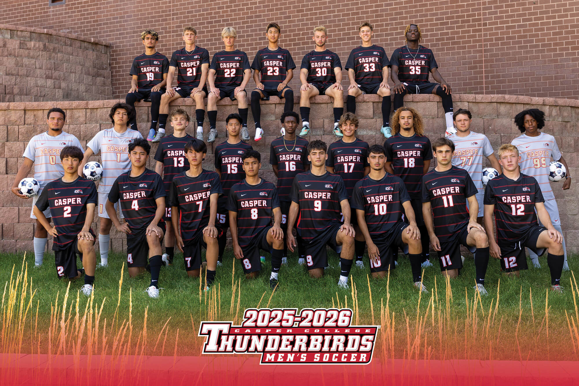 Official 2025-2026 Casper College Thunderbirds Men's Soccer team portrait featuring players in their uniform kits, with a red and white graphic overlay at the bottom.