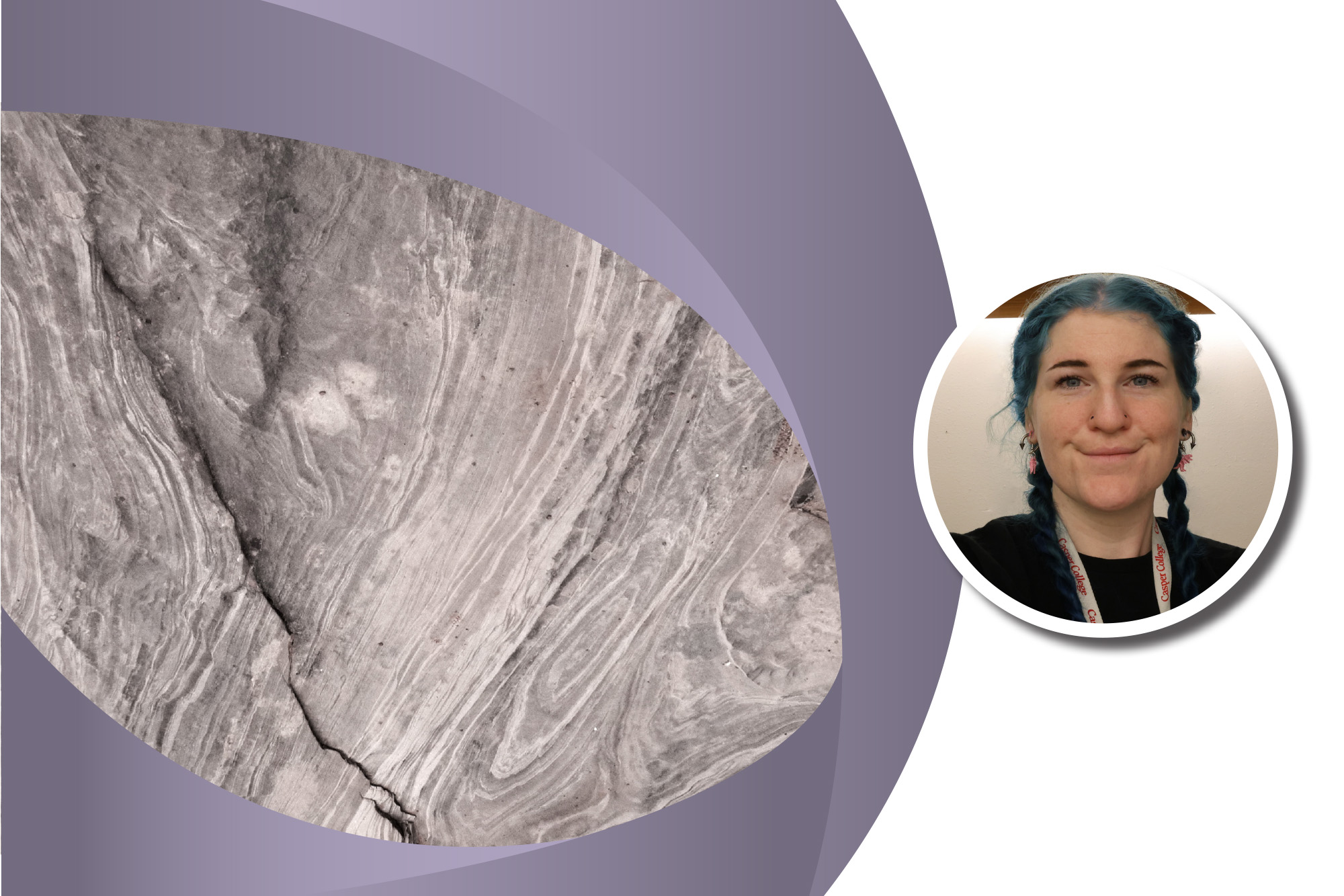 A split-screen image showing museum specialist Rita Douglas in a circular inset next to a detailed close-up of light-colored, swirled volcanic ash layers.