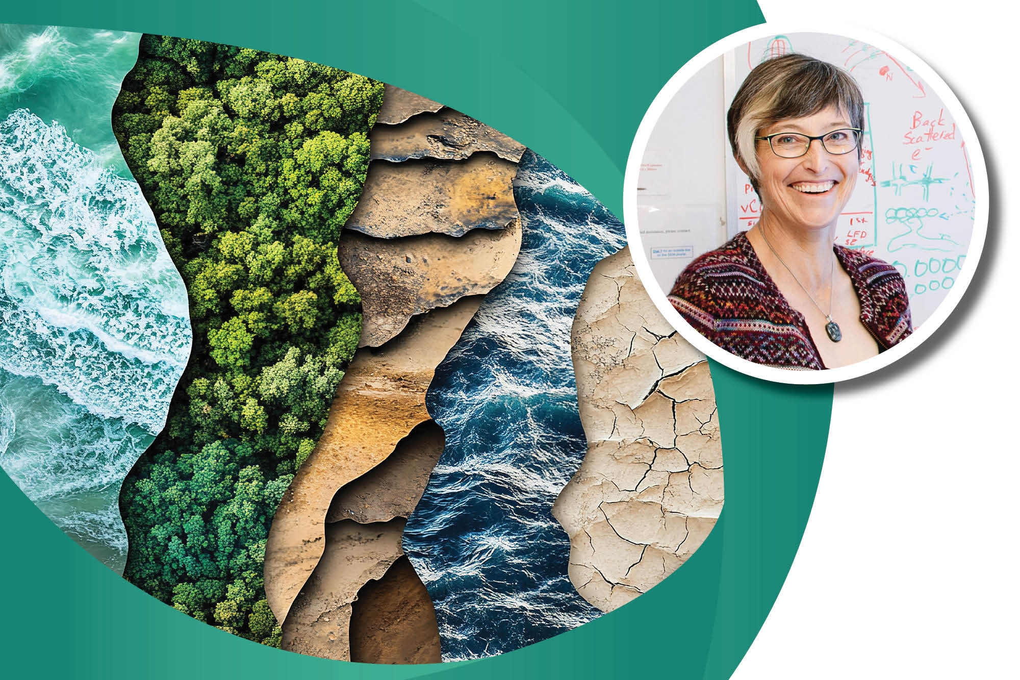 Kirsten Nicolaysen, Ph.D., smiling next to a whiteboard, overlaid on a collage of ocean waves, forests, and geological layers.