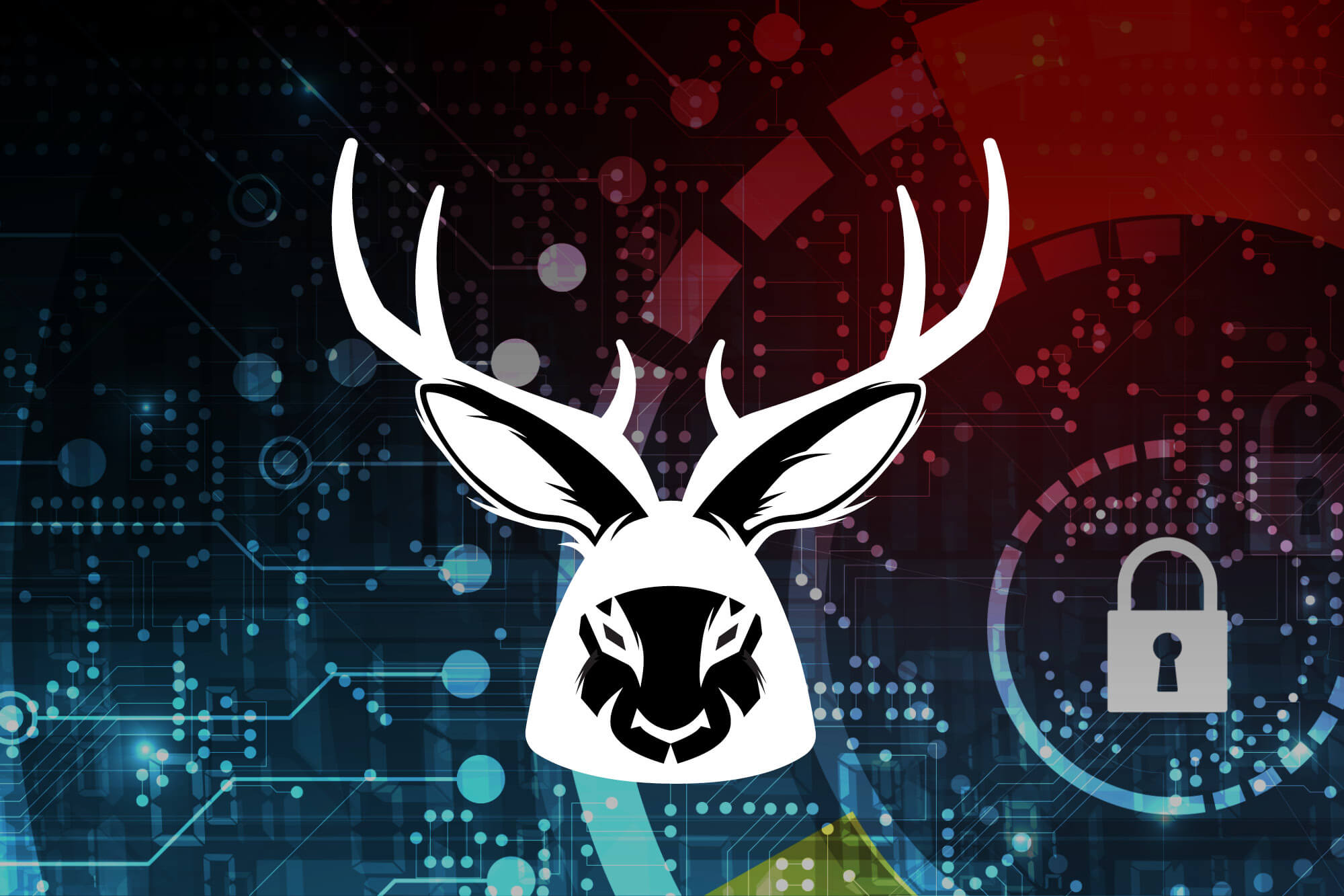 cybersecurity-symposium-image-0626 A white and black stylized graphic of a jackalope head centered over a dark digital background featuring glowing circuit board patterns, abstract tech elements, and a security padlock icon.