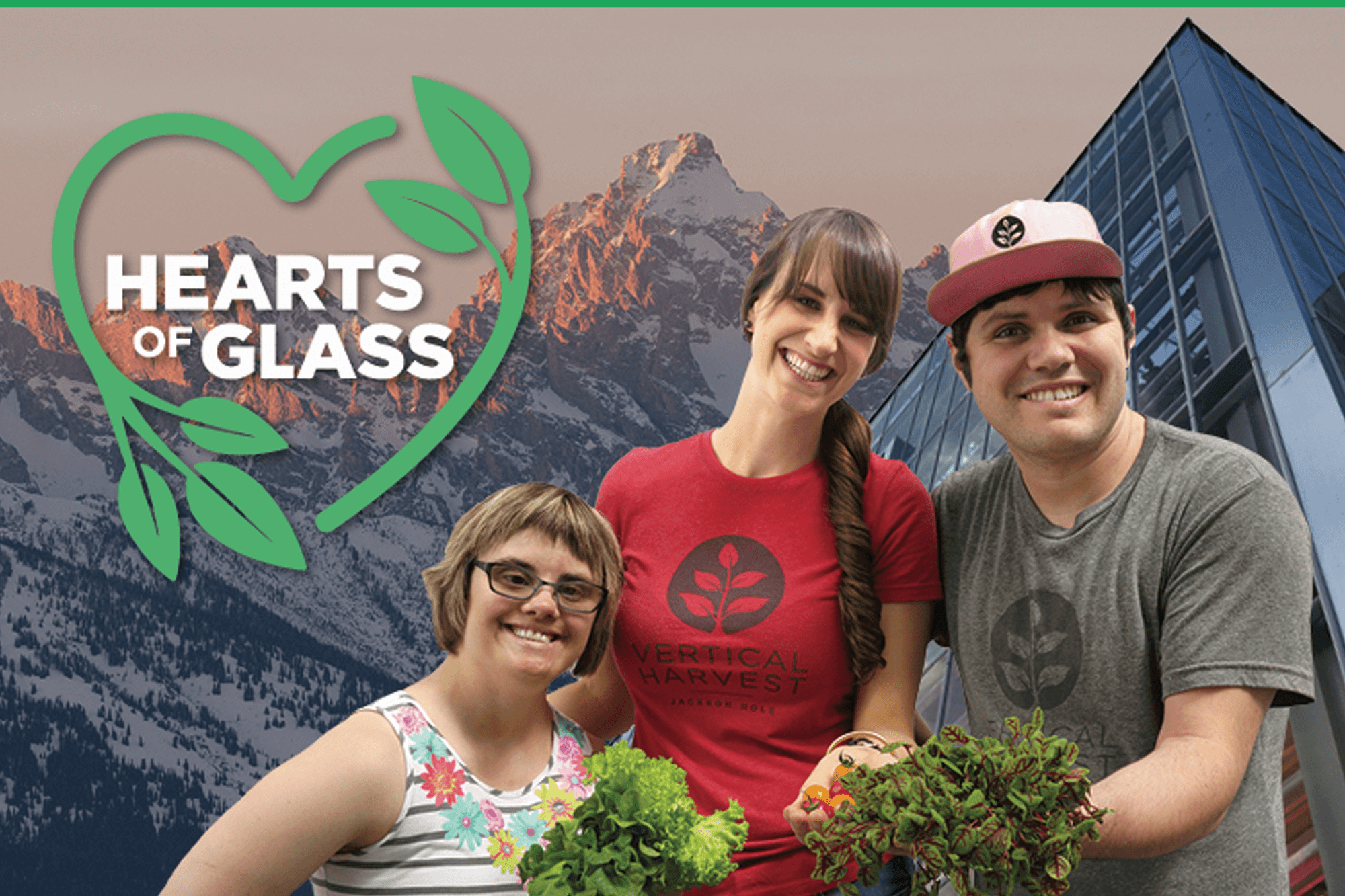 HeartsGlassImage Photograph showing three unidentified people with the words Hearts of Glass